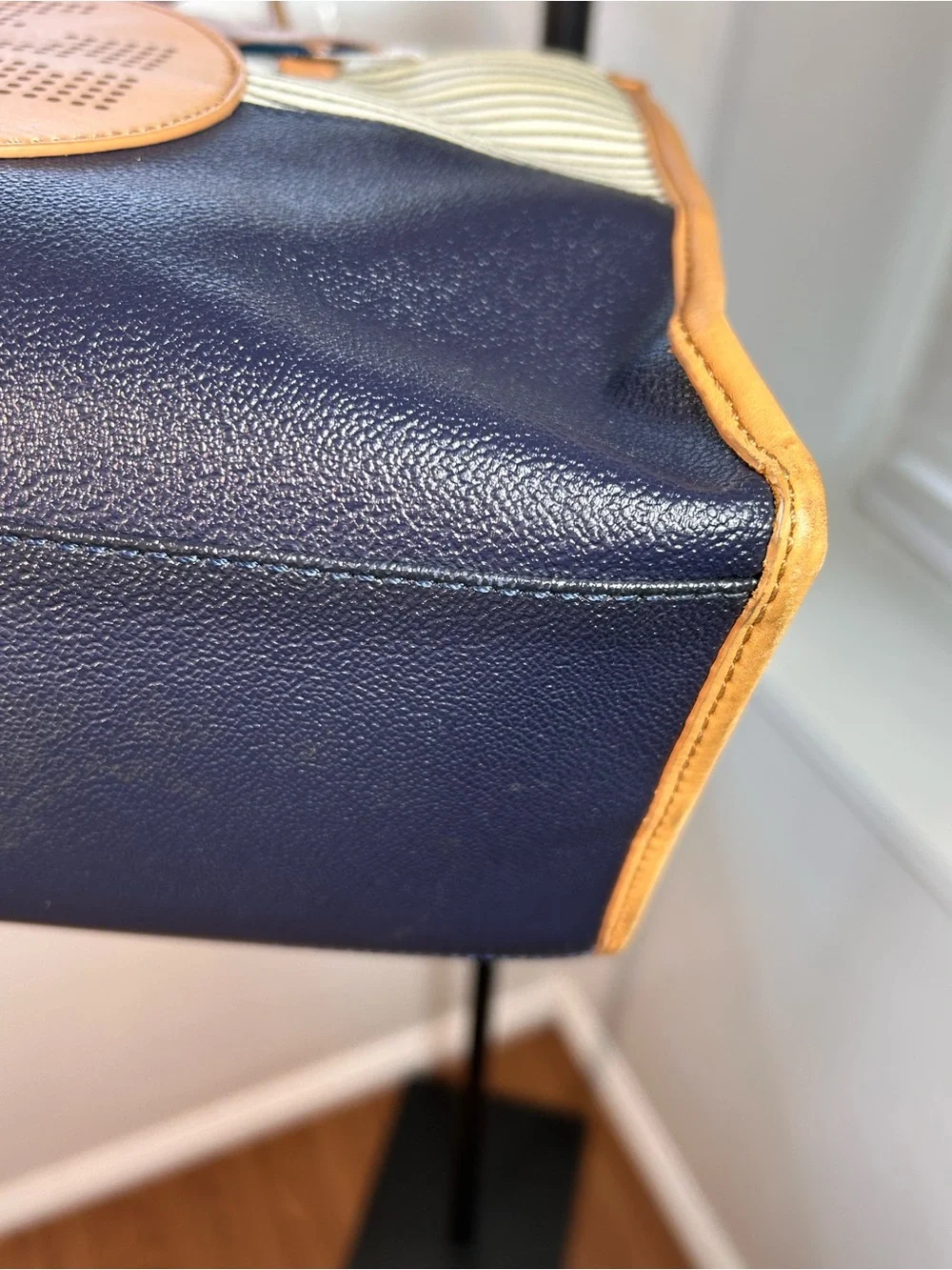 Tory Burch Ella Viva Leather Tote in the distinctive Navy Stripes & Shine design